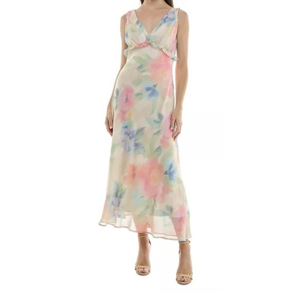 Taylor Women's Watercolor Print Chiffon Ruffled Dress Size 6 Elegant Whimsical